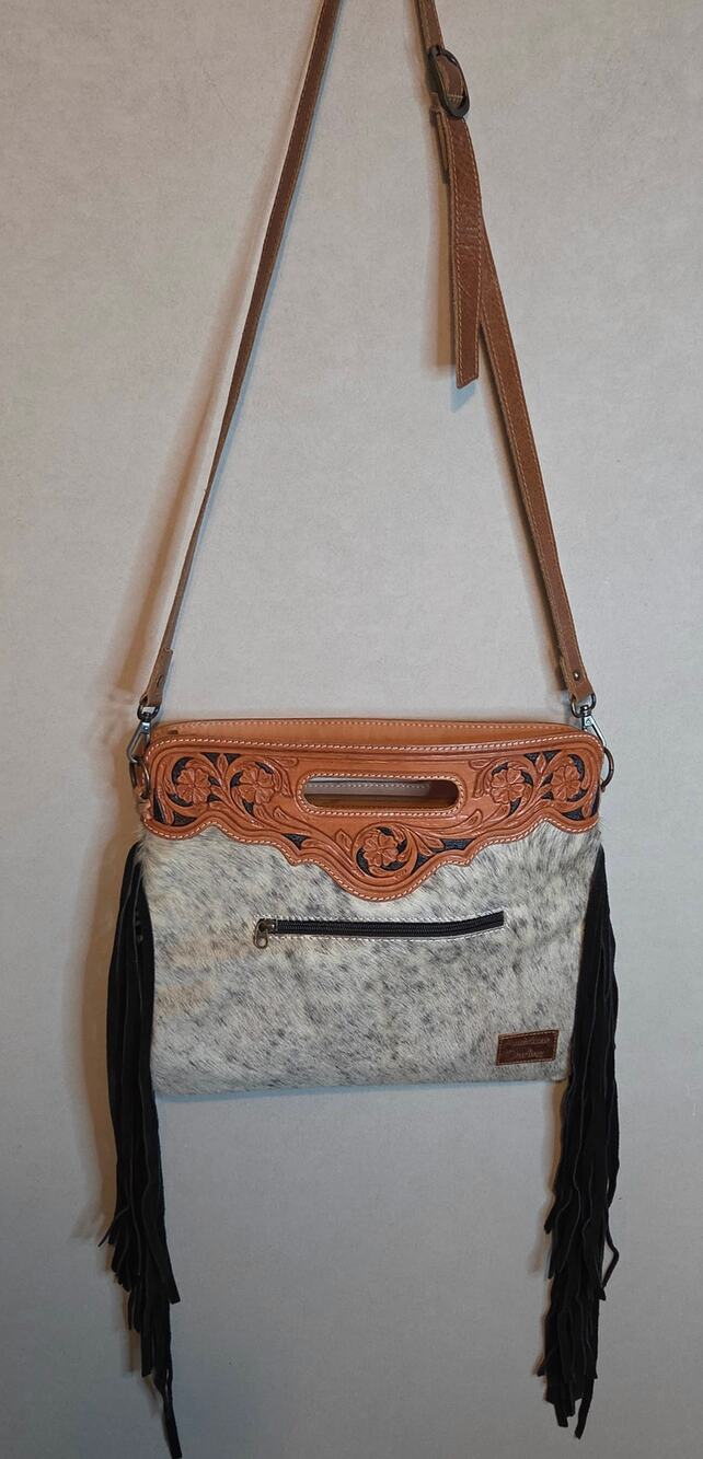 American Darling Western Cowhide and Hand-Tooled Leather Crossbody Bag